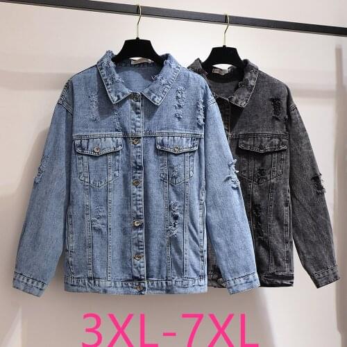 New spring autumn plus size jacket for women large long sleeve casual loose cotton hole blue denim coat 3XL 4XL 5XL 6XL 7XL