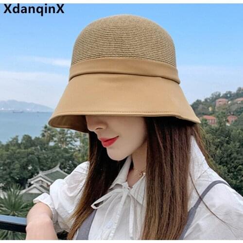 XdanqinX 2021 Summer Womens Panama Hat Elegant Bucket Hats New Foldable Ladies Beach Hat Straw Top Cloth Brim Cap Travel Hat