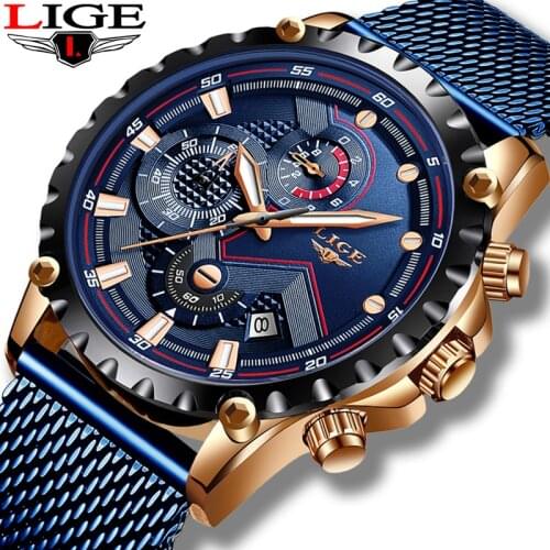 2019 New LIGE Blue Casual Mesh Belt Fashion Quartz Gold Watch Mens Watches Top Brand Luxury Waterproof Clock Relogio Masculino