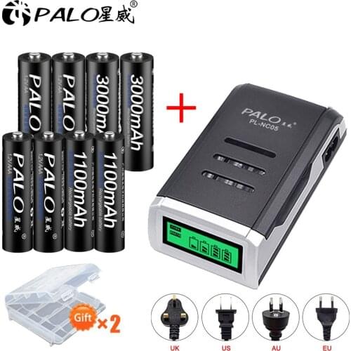 PALO 4PCS 1.2V NI-MH AA rechargeable battery + 4PCS 1.2V aaa rechargeable Batteries+LCD display smart battery charger for AA AAA