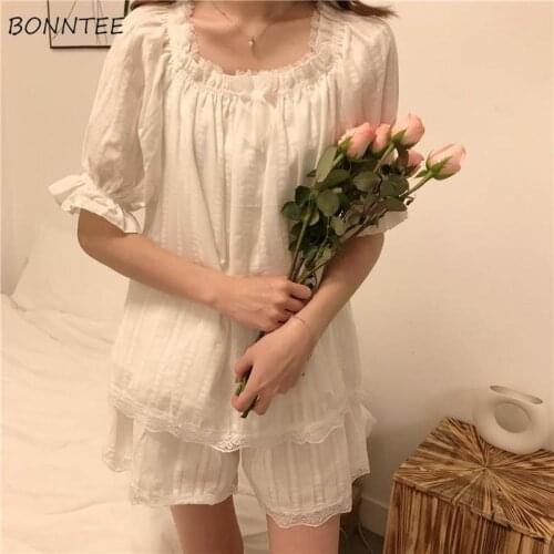 Pajama Sets Women White Round Neck Summer Lace Patchwork Female Sleepwear Pj 2 Pieces Set Stylish Princess Lovely Ulzzang Simple