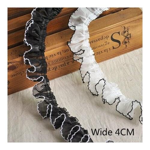 4CM Wide Black White Pleated Chiffon Lace Ruffle Trim Ribbon 3D Folded Applique For Garment Dress Guipure Tassel Fringe Decor