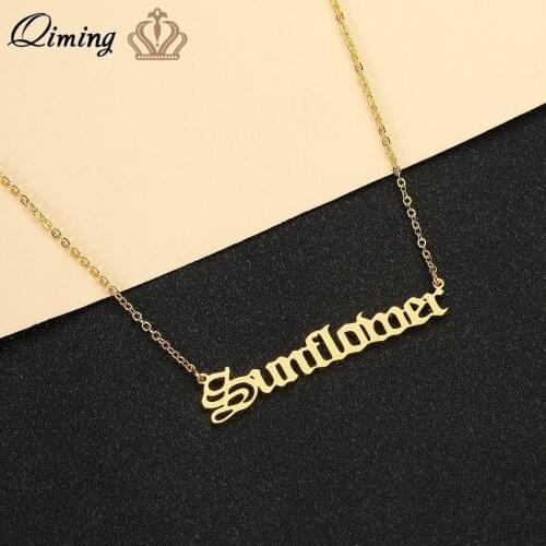 QIMING English Font Sunflower Letter Womens Necklace For Girls Beautiful Jewelry Accessories Cute Necklaces Pendants