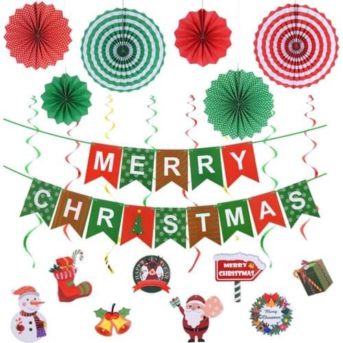 Merry Christmas Party Banners Snowman Santa Claus Flag Banner Xmas Trees Paper Fans Ornaments 2022 New Year Decor For Home Deocr