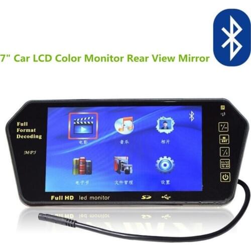 Newest HD 7Inch LCD Color 1024 * 600 Rear View Mirror Monitor Bluetooth FM USB SD MP5 Monitor 2 AV, Free Shipping