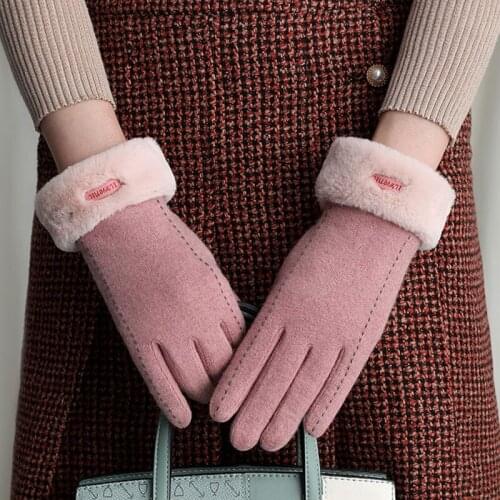 Women Winter Driving Faux Wool Full Finger Gloves Plush Lined Letters Label Solid Color Windproof Touch Screen Mittens