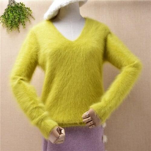 Ladies women spring winter hairy angora rabbit fur knitted v-neck long sleeve slim blouses pullover mink fur jumper sweater pull