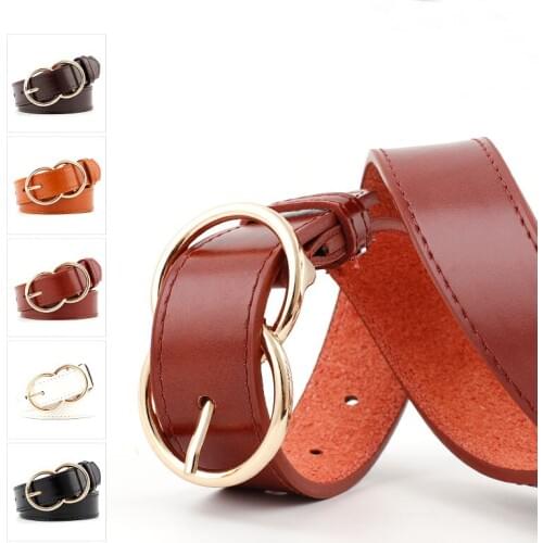 Female Circle Buckles Belt Side Gold Buckle Jeans Belts Women Girls Double Ring Buckle Leather Waist Belt