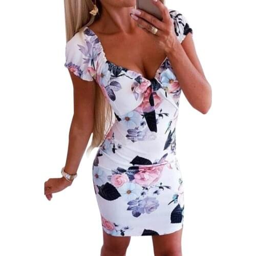 Women Bandage Bodycon Floral Holiday Mini Dress Bow Decor Sexy V-neck Casual Evening Party Club Mini Dress