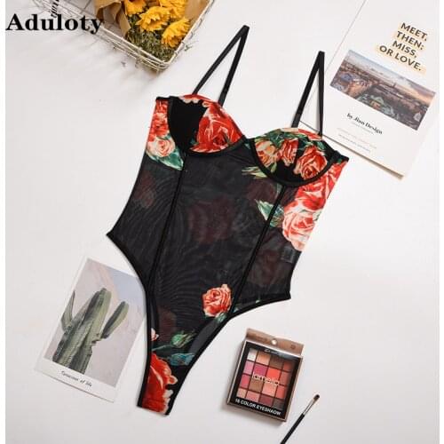 Aduloty New Womens Teddy bodysuit Printed Sling Bra Net Yarn Perspective Underwear Thong One-piece Lingerie Set