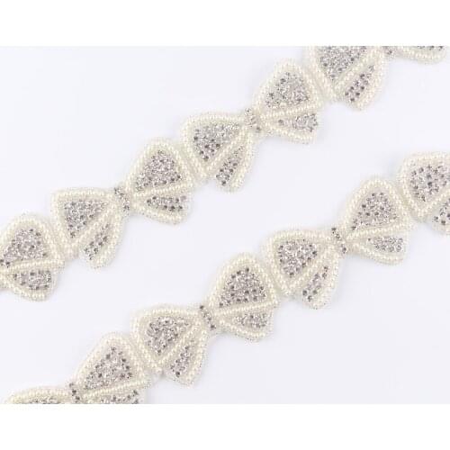 10Yard Hot Silver Base Pearl Bow Rhinestone Applique Patch Trim Hot-Fix Crystal Pearl Applique Trimming For Bridal/Party Dress