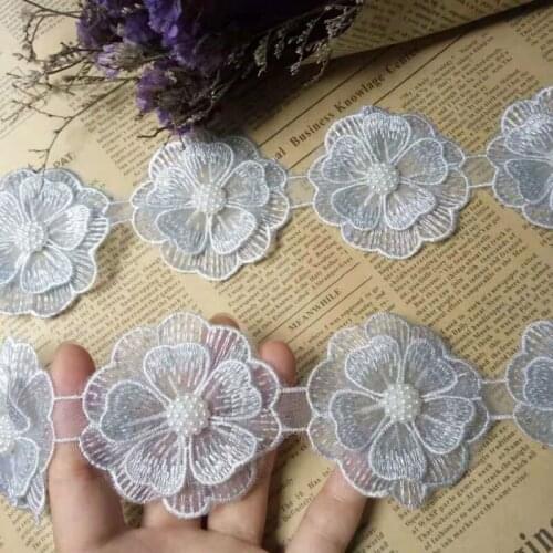 10x Light Blue Pearl Handmade Beaded Flower Embroidered Lace Trim Ribbon Double Layered Applique Dress DIY Sewing Craft New