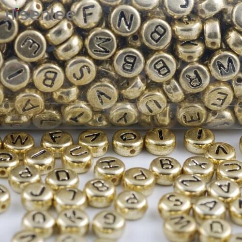 Hisenlee High Guality 300Pcs 4x7mm Mixed Randomly Letter Alphabet Acrylic Aurum Plated Flat Round Spacer Beads