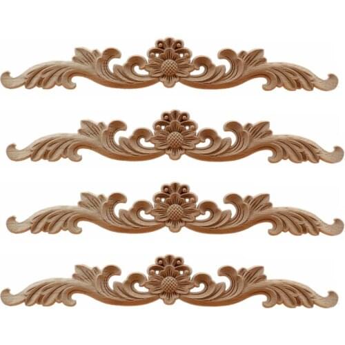 4Pcs Wood Appliques And Onlays, Unpainted DIY Decorative Wood Carved Onlay Appliques For Bed Door Cabinet Wardrobe