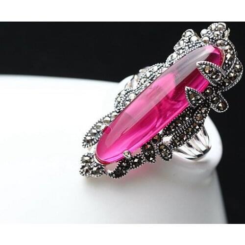 925 sterling silver womens rings red corundum wide noodles forefinger retro Thai silver ring