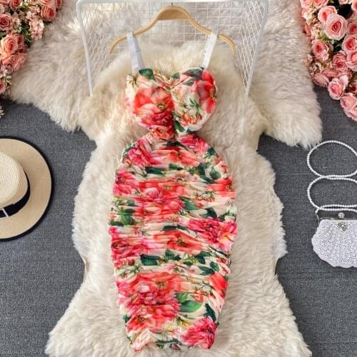 Amolapha Women Summer Printed Holiday Beach Casual Sundress Sexy Elegant Slim Spaghetti Strap Fold Sheath Party Dress
