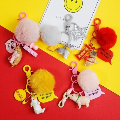 2020 Cute Imitated Pet Animal Cartoon Puppy Frech Bulldog Pet Fur Pompom Ball Keychain Women Key Ring Chains Car Bag Charm D539
