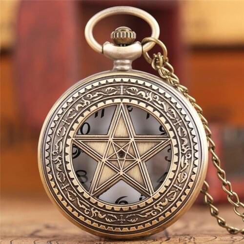 Retro Bronze Pocket Watch Hollow Pentagram Star Circle Slim Necklace Unique Women Deco Clock Best Girls Halloween Gift Hour Saat