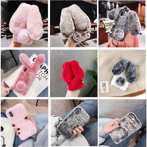 For iPhone 12 11 Pro Max X XS MAX XR Hairy Cute Rabbit Phone Case for IPhone 4S 5C SE 2020 6S 7 8 Plus Fur Back Cover Girl Gifts