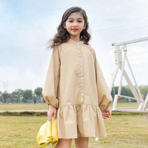 Spring Kids Long Sleeve Cotton Khaki Casual Dresses For Girls 2021 Korean Style Solid Princess Dress Teenage Girls Clothes 12 14