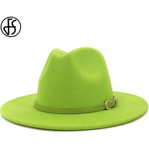 FS Green Purple Fedora Hat for Women Men Wool Felt Wide Brim Hats Vintage Trilby Jazz Couple Cap Winter Autumn Chapeau Femme
