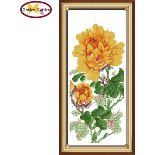 GG Yellow Peony Chinese Flowers Cross Stitch 11CT14CT DIY Kit Needlework Embroidery Crafts Christmas Cross Stitch for Home Decor