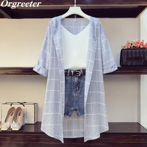 New Arrival Casual 3 Piece Set Women 3/4 Sleeve Plaid Long Hoodies Sunscreen Shirts + Knitted Vest + Hole Denim Short Sets