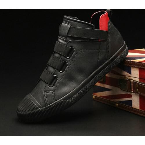 Leather Men Casual Shoes Autumn Fashion Sneakers Footwear Soft Rubber Male Flats Shoe Mens High top all black Shoes