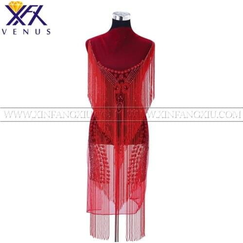 XFX VENUS 1 Piece Bright Red Rhinestones applique beads bodice Tassel patches trimming motif for women Clothes Fabric garment