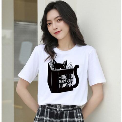 Fashion Women Short Sleeve How To Train Your Human Books Print T-Shirt Funny Cat Reading Design Casual Tops Cute Girl Tees