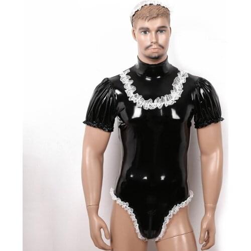 Mens Lingerie Sexy Sissy Maid Cosplay Costume Set Wet Look Patent Leather High Neck Leotard Bodysuit with Elastic Lace Headband