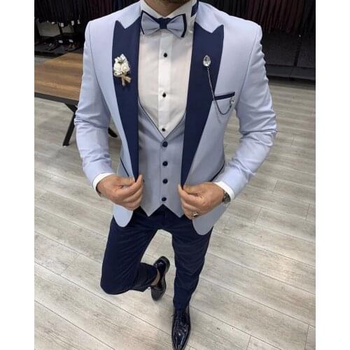 2021 New Arrival Light Blue Wedding Groom Tuxedos Peak Lapel Groomsmen Mens Party Suits Best Man Costume Homme Jacket Pant Vest