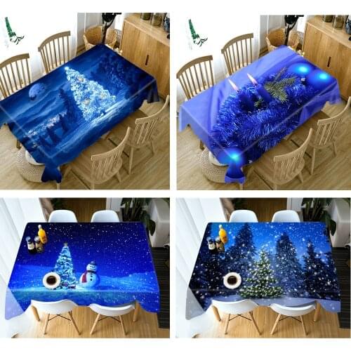 Blue Crystal Christmas Tree and Snow Pattern Thicken Soft Cotton Rectangular/Round Tablecloth Cover Towel for Wedding Party
