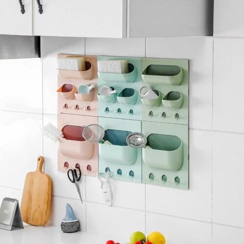 Wall Mount Storage Rack Shelf with Hooks Sponge Brush Storage Case Holder Container Bath Kitchen Organizer Bathroom Accessories