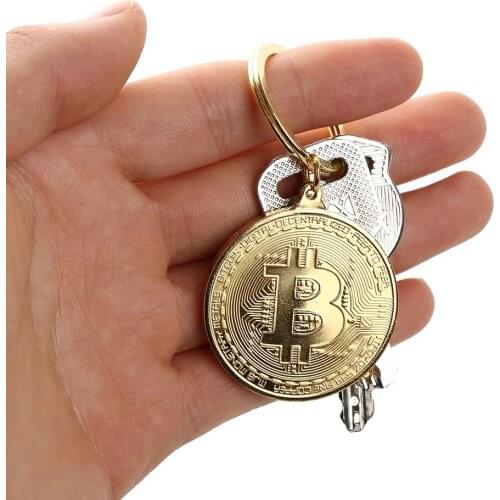 Gold Plated Bitcoin Coin Key Chain Collectible Art Collection Gift Physical Metal Antique Imitation Gift Souvenir Home Decor