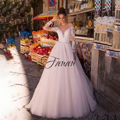 V-Neck Long Sleeve A-Line Wedding Dress Lace Appliques Tulle Elegant Lace Appliques Bridal Gown robe de soirée de mariage платье