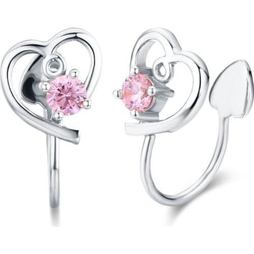 Cute 925 Sterling Silver Gold Color Pink CZ Peach Heart Clip Earrings Ear Cuff Jacket For Women Girls Kids Ear Cartilage Jewelry