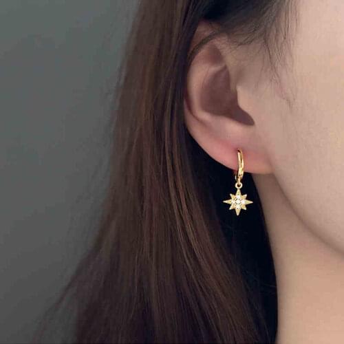 Star Moon Cubic Zirconia Gold Color 925 Sterling Silver Hoop Earrings For Women Fashion Trendy Jewelry