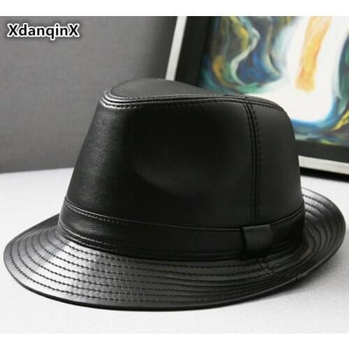 XdanqinX Real Genuine Leather Hat Mens Sheepskin Leather Fedoras Autumn Winter Men Jazz Hats Fashion Trend Brands Leather Caps