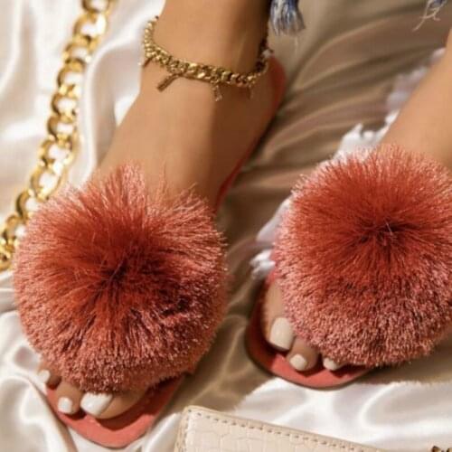 Summer Women Slippers Fur Ball Solid Flock Flat Peep Toe Peep Toe Slides Casual Fashion Female Ladies Shoes