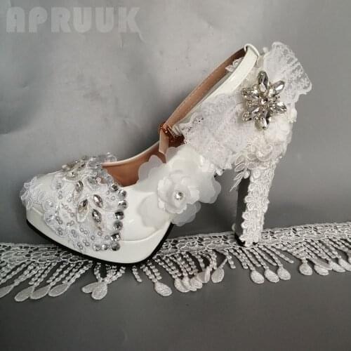 LUXURY block 11cm high heels white lace wedding shoes bride platforms ankle straps ladies flower pattern bridal pumps shoe