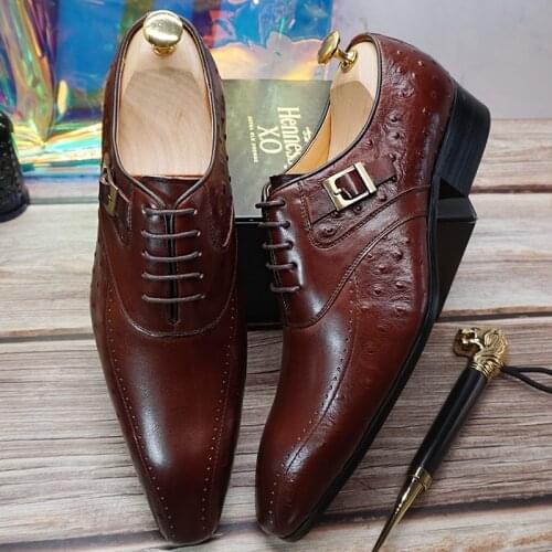 Italian Oxford Men Dress Shoes Calf Leather Brown Black Ostrich Leather Prints Pointed Toe Lace Up Wedding Office Formal Shoes