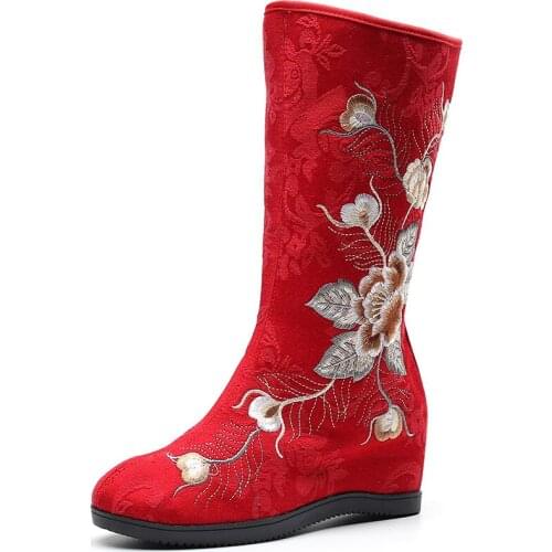 YourSeason Autumn Winter Ladies Cotton Fabic Mid-Calf Shoes Chinese Embroidered Hidden Wedge Heel Comfortable Fall Boots Women