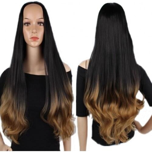 JOY&BEAUTY 3/4 Ladies Half Wig Brown Ombre Black Long Wavy Wigs 24" Half Wigs With Clip in Hair Extensions 3/4 Synthetic Wigs
