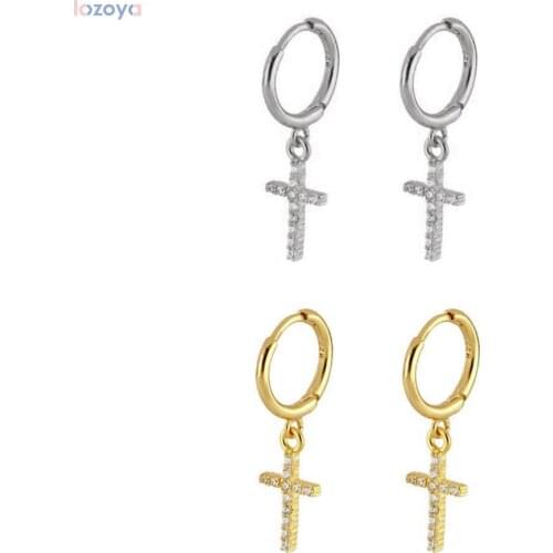 LOZOYA 925 Sterling Silver 12mm Cross Drop Earring Punk Crystal Women Ring Round Loops Pendientes Jewelry Circle Rock Jewelry