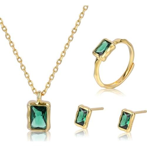 MIQIAO Gold Plated Cube Green Stone Luxury Pendant Collar Necklace Chain Rings Piercing Earrings Jewelry Sets for Women Wedding