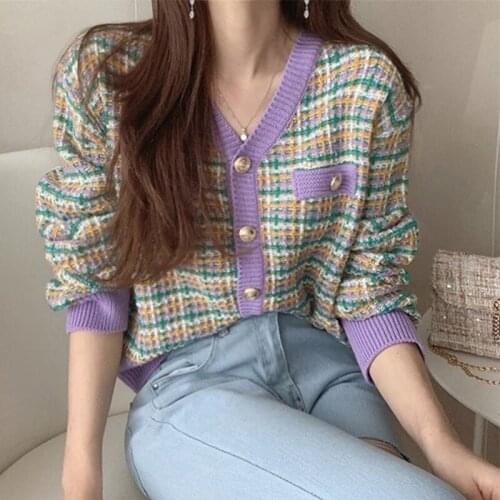 Knitting Cardigan South Korea Chic Minus Age Color Restoring Ancient Ways Grid V-Neck Single-Breasted Loose Long-Sleeved Women