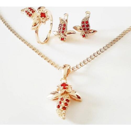 Luxury New Fashion Jewelry Set 585 Gold Color Women Jewelry Exquisite Red Cubic Zircon Flower Design Earring/Ring Jewelry Sets