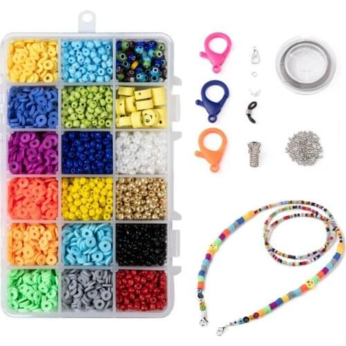 1Set DIY Neck Strap Lanyard Making Kits Glass Seed Beads Clay Heishi Chips Bead Eyewears Cord Holder for Handmade Eyeglass Chain