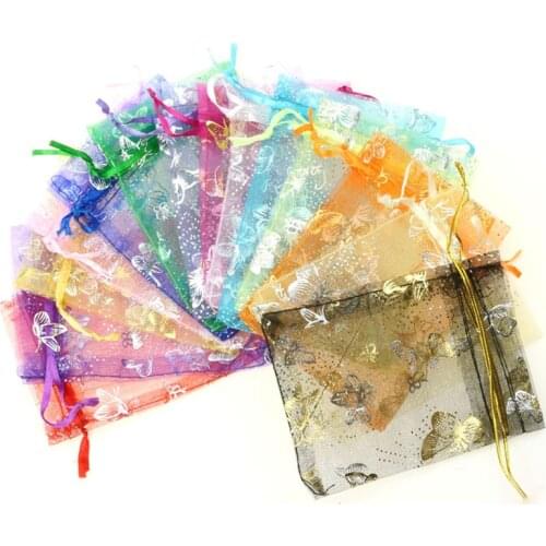 7*9 9*12 13*18cm 100pcs Bronzing Butterfly Drawstring Organza Bags Wedding Party Candy Pouches Jewelry Packaging Storage Bags